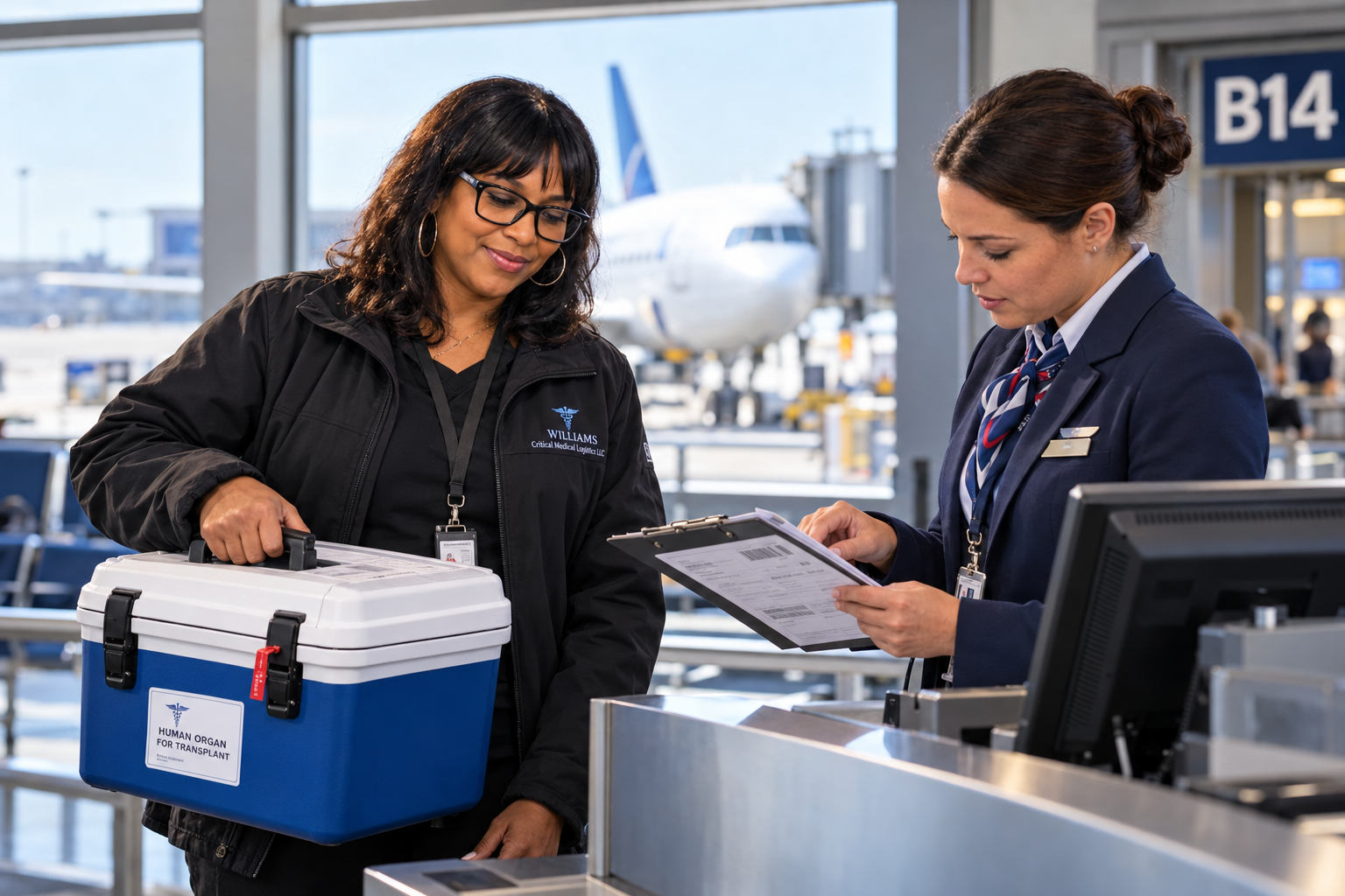 Illustrative onboard courier checking a sealed case with airline staff